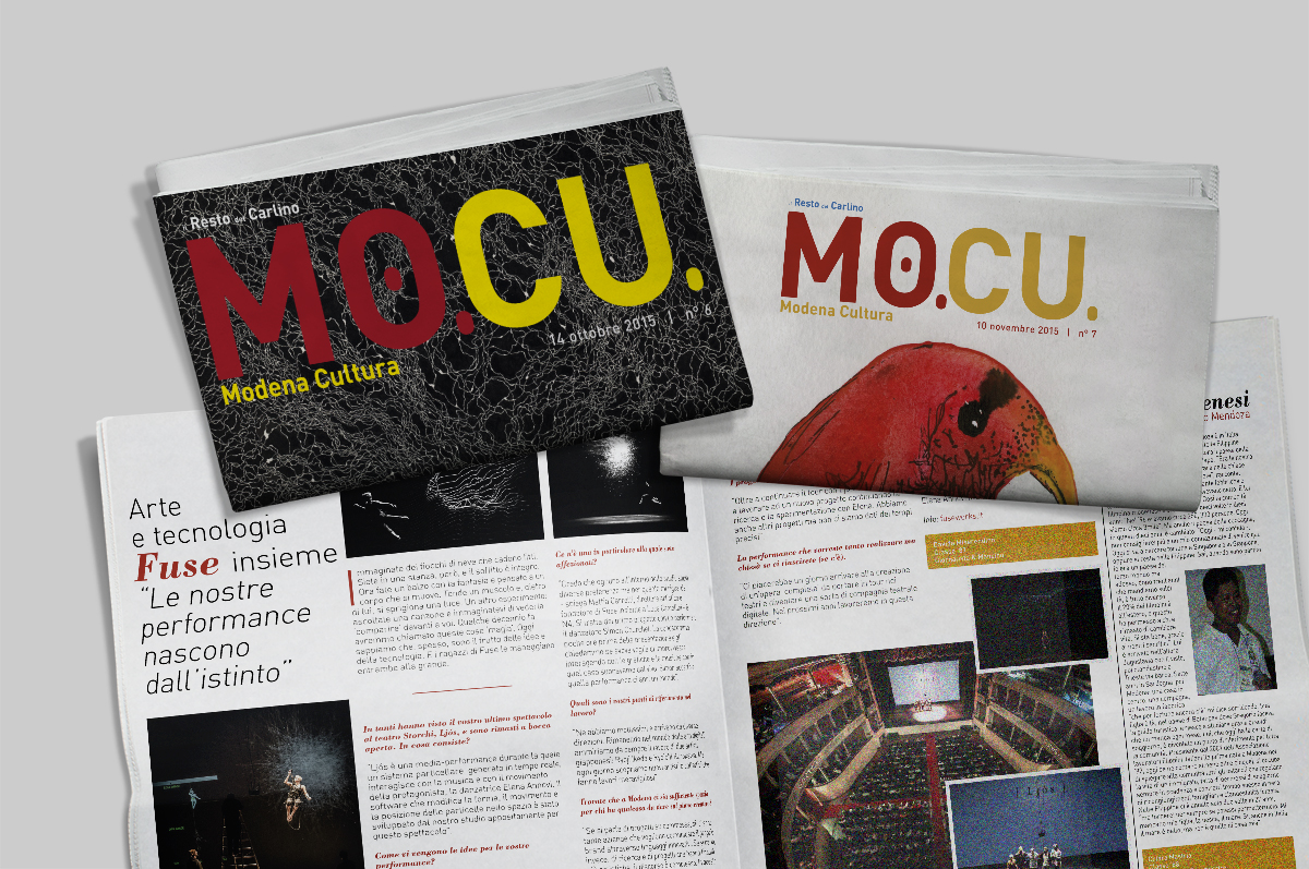 Copertine e grafica dei numeri cartacei del progetto MoCu Modena Cultura in collaborazione con il Resto del Carlino di Modena